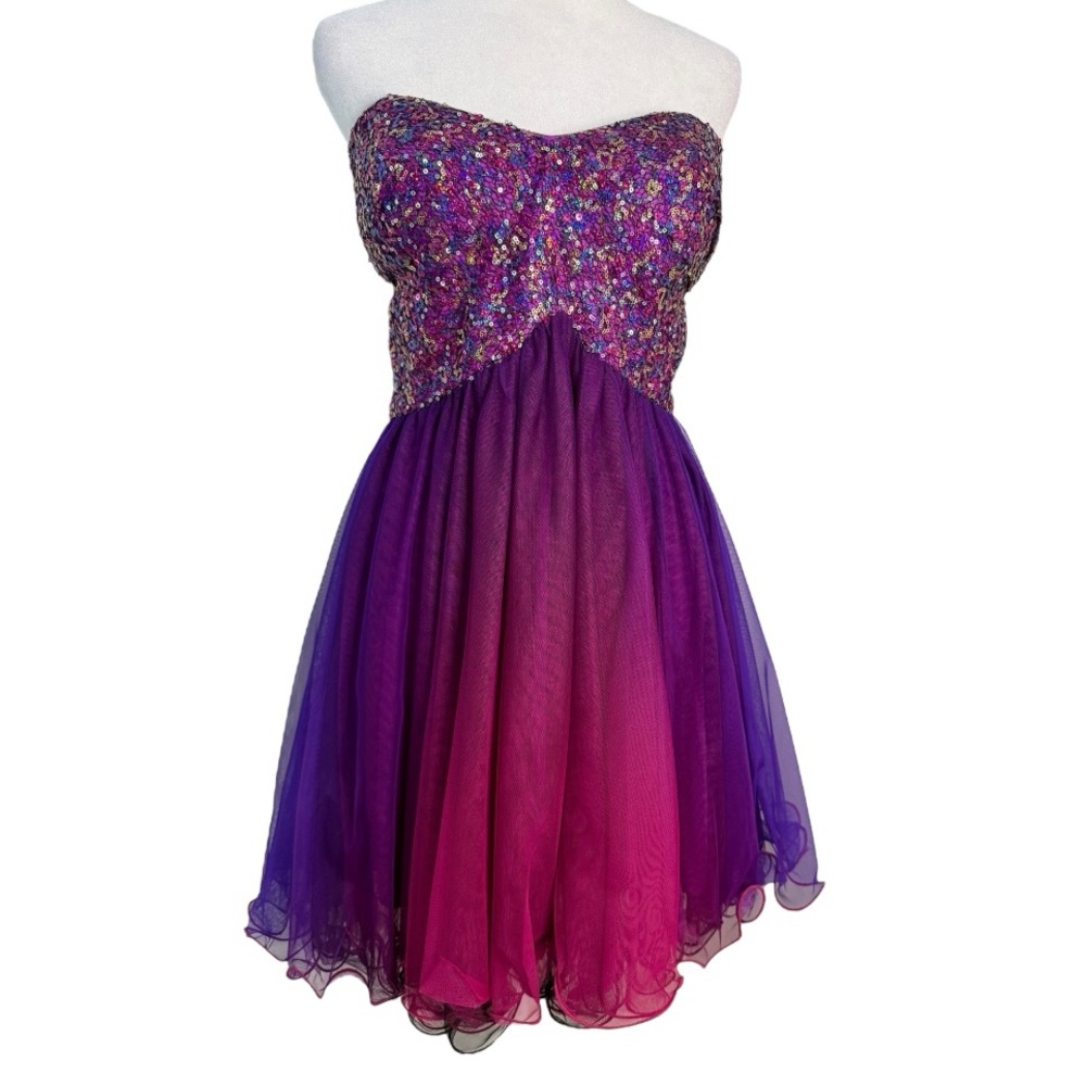 Blondie Nites Sequin Ombre Tulle Strapless Party Dress Pink Purple Juniors 11 - Picture 4 of 12